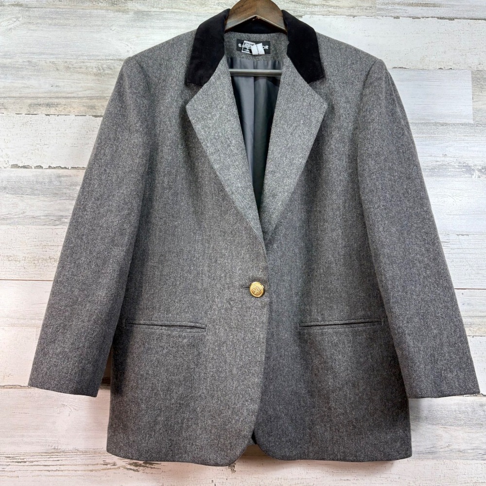 Sag Harbor Vintage Grey Wool Blend Blazer Velvet Collar Gold Button Womens 12